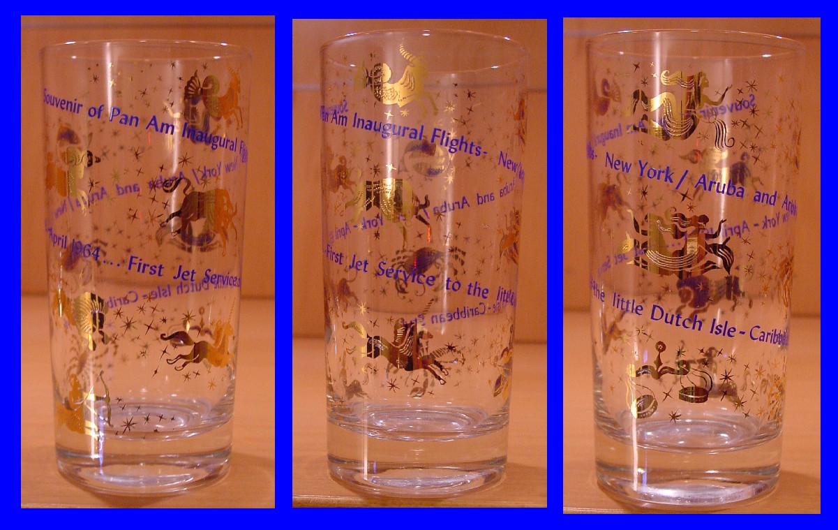 1964 April, Different views of a glass given to customers on Pan Am's  New York to Antigua  inaugural service.